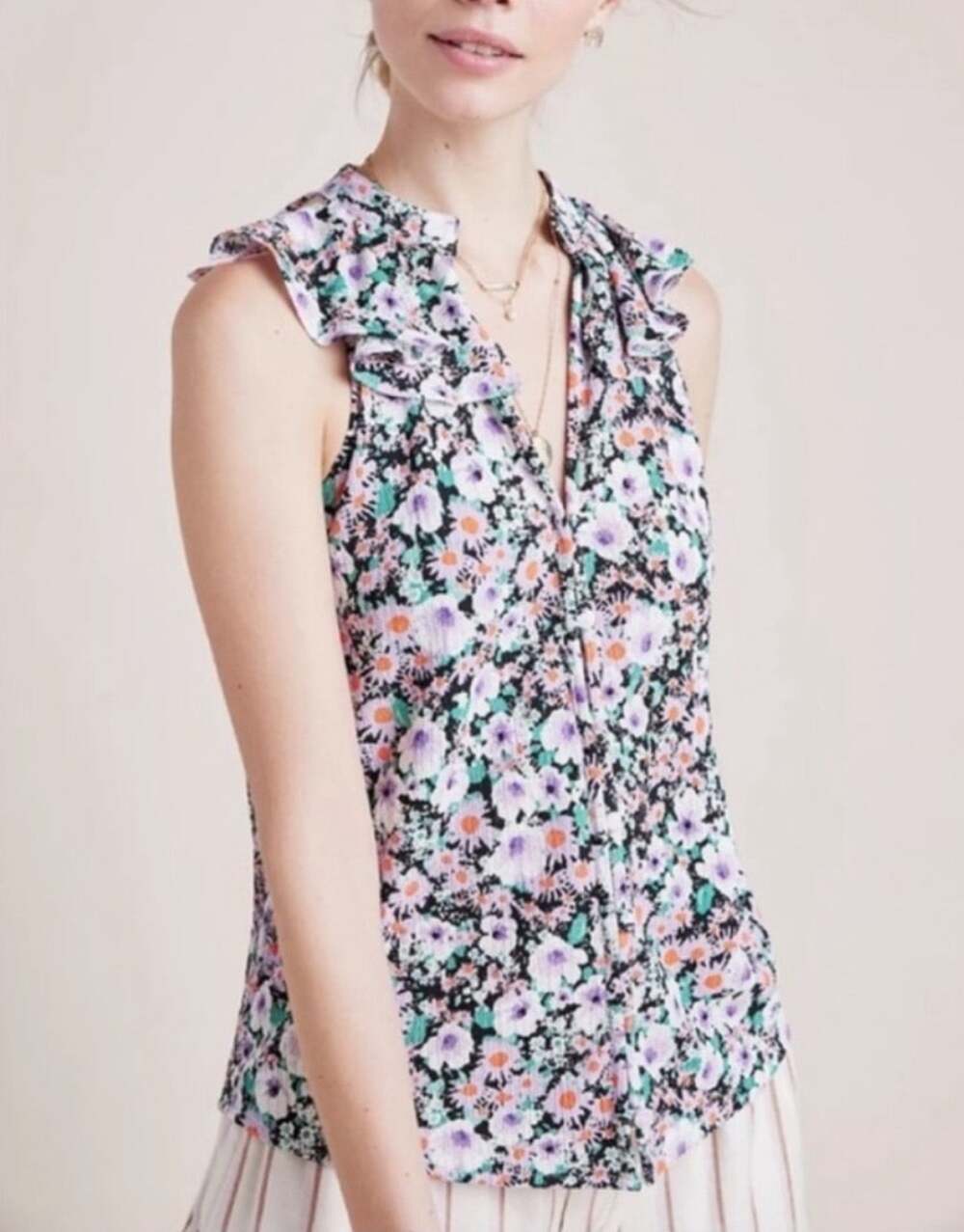 Anthropologie Blouse Floral Ruffle Sleeveless Button Front New